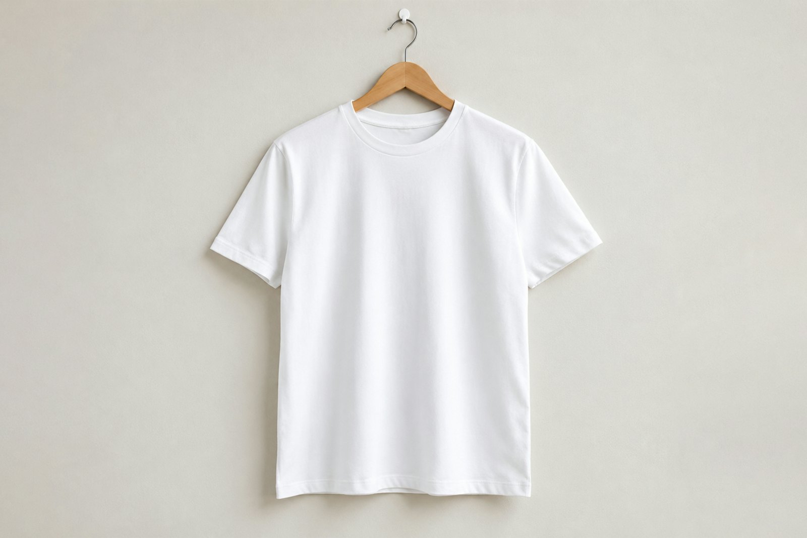 A plain white t-shirt on a wooden hanger against a neutral wall